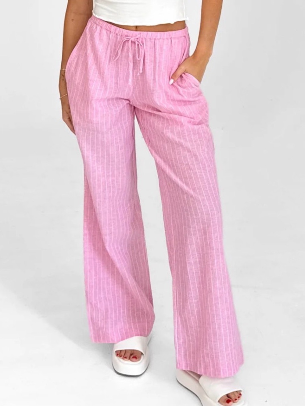 Grey Bandit Sunset Stroll Linen Cotton Pants in Pink White Microstripe Medium